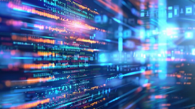 Abstract digital background with colorful light trails and binary code. Represents technology, data processing, and innovation.