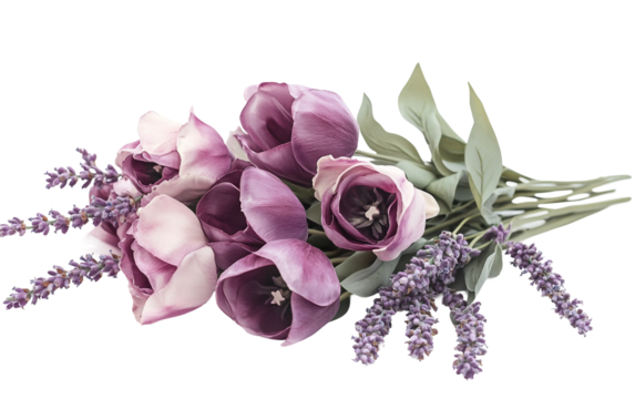 Artistic arrangement of colorful flowers in a bouquet highlighting purple and green tones isolated on transparent background PNG