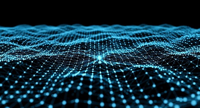 Glowing blue digital network grid with connected points and lines abstract background