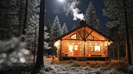 Cozy wooden cabin in snowy forest at night. Warm glowing windows and chimney smoke evoke serene winter escape. Cabincore lifestyle and nature retreat concept. - Powered by Adobe