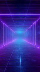 Fototapeta premium Bright neon lights outline a tunnel, creating a captivating view. The purple and blue hues create a sense of depth, giving an impression of movement within a digital space