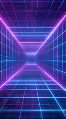 Fototapeta premium A dramatic tunnel with vibrant neon blue and pink lines creates an immersive experience. The lines form a grid pattern along the walls, leading the eye toward a bright endpoint