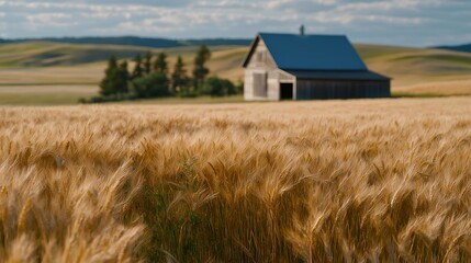 A family-owned farmhouse surrounded by wheat fields swaying in the wind, chickens roaming freely near a rustic barn — traditional farming lifestyle, organic agriculture, and rural community