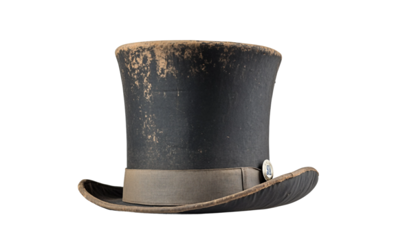 Studio photo of Lincoln-style stovepipe hat showcasing classic historical fashion accessory isolated on transparent background PNG