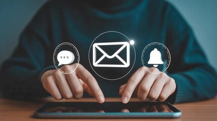 Engaging with digital notification icons on tablet, responding to messages online - Powered by Adobe