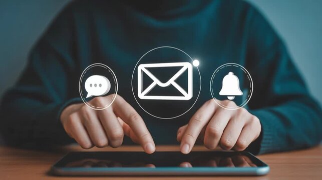 Engaging with digital notification icons on tablet, responding to messages online