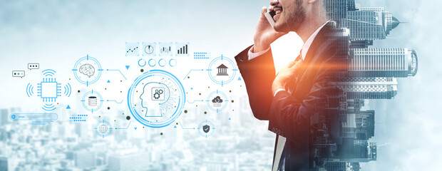 An advanced AI system for business and financial analysis. A futuristic interface for commanding an AI to process data from various domains. Motif