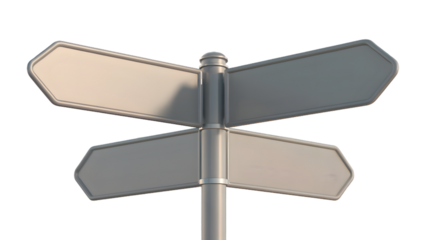 Blank metal street signpost isolated on white, 3d render silver road direction arrow mockup, empty crossroad guide board, decision choice concept background, for wayfinding, navigation, travel, path.