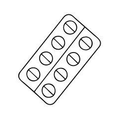 Outline drawing of a blister pack containing ten round pills, representing medicine or healthcare