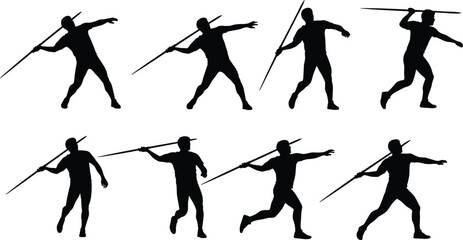 Obraz premium Javelin Thrower Silhouettes Vector Set, Track and Field Athletes in Throwing Poses, Dynamic Sport Action Graphic, Athletics Competition and Training Design, Black Monochrome on White