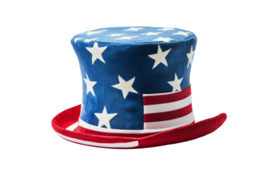 Studio photo of Uncle Sam top hat with plush design highlighting patriotic theme isolated on transparent background PNG