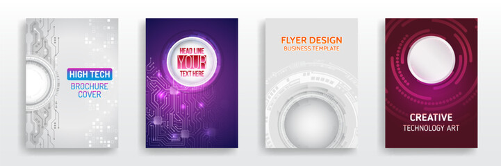 Modern high-tech brochure cover set featuring futuristic circuit boards, digital circles, and glowing tech elements. Perfect for business templates, technology presentations, and innovative designs.