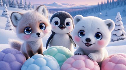 Obraz premium Baby animal friends in snowy landscape