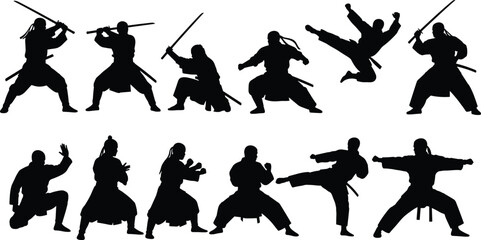 Samurai and Martial Arts Action Silhouettes Vector Set, Warrior with Katana Sword and Kick Fight Poses, Ninja Combat and Kung Fu Graphic, Dynamic Asian Fighter Design, Isolated on White © Creative Crave