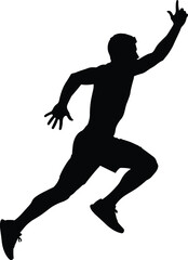 Running Athlete Silhouette Vector Illustration, Sprinter or Runner Reaching Finish Line, Man Celebrating Victory with Raised Hand, Dynamic Sport and Success Graphic, Isolated on White
