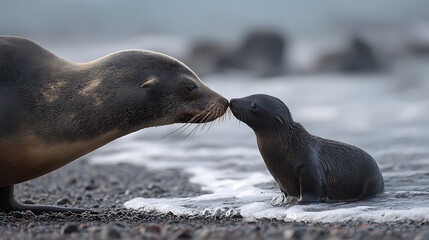Naklejka premium A large female sea lion and her cub touch noses on the beach