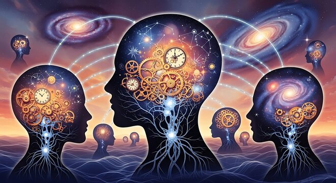 Human heads filled with galaxies gears and clocks connected by light silhouette profile