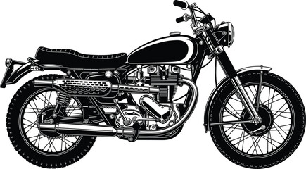 Fototapeta premium Vintage Classic Motorcycle Silhouette Vector Illustration, Detailed Retro Motorbike Graphic, Old School Scrambler or Cafe Racer Outline, Biker Transport and Nostalgia Design, Isolated on White