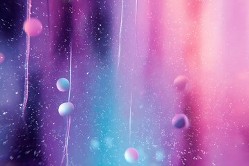 A vibrant abstract composition featuring glowing spheres and sparkling particles against a gradient background of purple, pink, and blue.