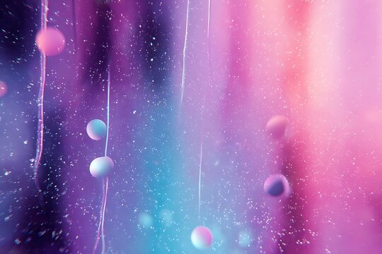 A vibrant abstract composition featuring glowing spheres and sparkling particles against a gradient background of purple, pink, and blue.