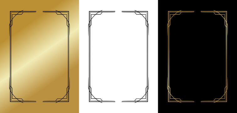 Thin Elegant Linear Frames with Subtle Curved Corners, isolated monochrome vector image, three variants on gold, transparent, and black backgrounds