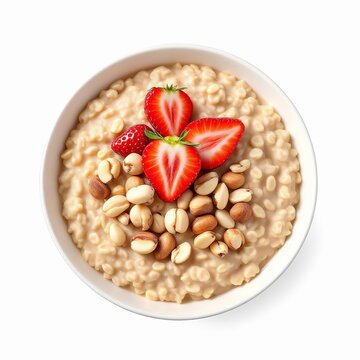 Creamy oatmeal porridge with fresh strawberries and peanuts in a white bowl, isolated on white background