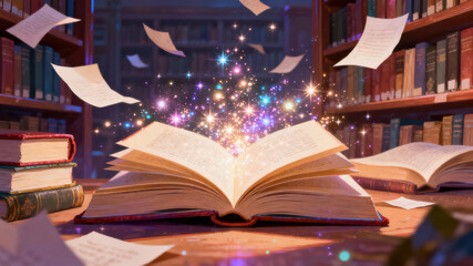 Naklejka premium An enchanted library showcases an open book radiating magic, surrounded by flying pages and twinkling sparkles during twilight. The atmosphere is filled with wonder and imagination