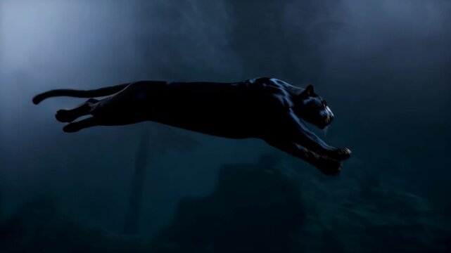Running dog in fog night motion blur prowling black panther stalking with intense amber eyes