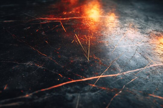 A dramatic close-up of a dark, textured surface with glowing orange and red cracks, resembling molten lava or fiery energy.