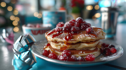 Retro diner Christmas breakfast, pancakes with cranberries, chrome and neon, paper crowns from crackers, cheery morning, with copy space
