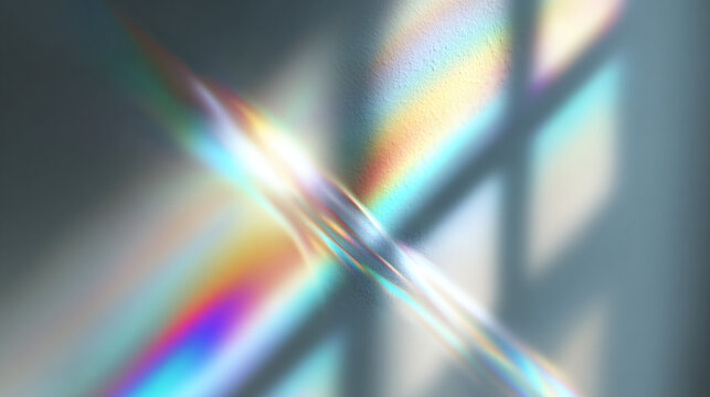 A stunning display of light refraction creating a captivating rainbow effect on a neutral backdrop. The interplay of colors and shadows forms an abstract visual experience