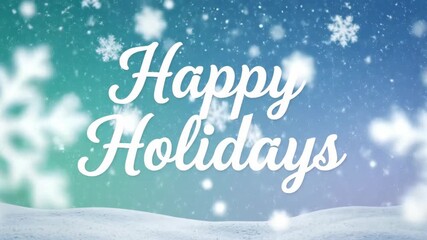 Animated happy holidays text with falling snowflakes on blue winter background. Festive lettering for Christmas and New Year greetings in cursive font. - Powered by Adobe