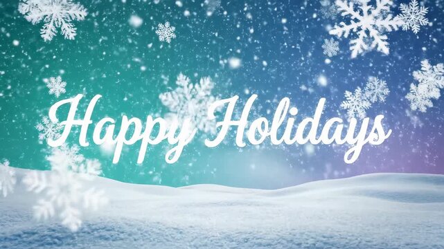 Animated happy holidays text revealing on snowy winter landscape. Glowing white lettering with falling snowflakes for christmas and new year greetings. - Powered by Adobe