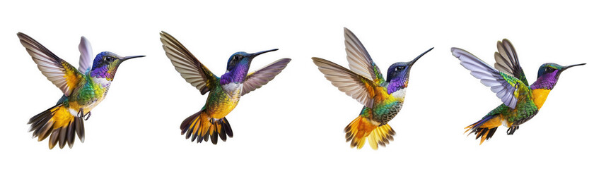 Four vibrant hummingbirds in various flight poses, showcasing their colorful plumage, isolated on transparent background