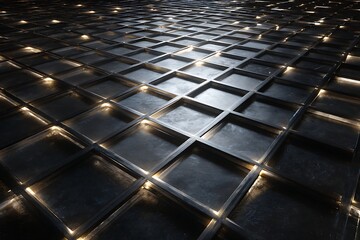 A dark metallic grid pattern with warm glowing lights creates an abstract, futuristic, and sophisticated background texture.