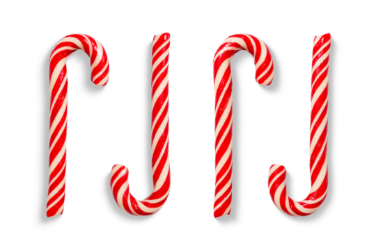 Set of red and white candy canes isolated on a transparent background, PNG. High resolution. Traditional Christmas sweets for holiday decoration and winter decoration design.