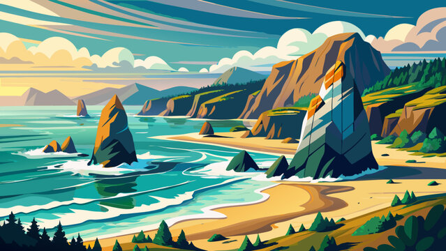 Very beautiful view of Bandon Beach in Oregon, featuring dramatic sea stacks rising from the surf, crashing waves, and a rugged coastline under natural daylight.