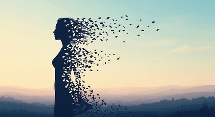 Silhouette of woman dissolving into leaves against a hazy mountain landscape breaking