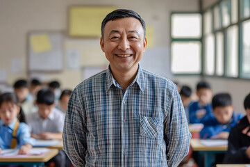 Asian instructor standing proudly in class