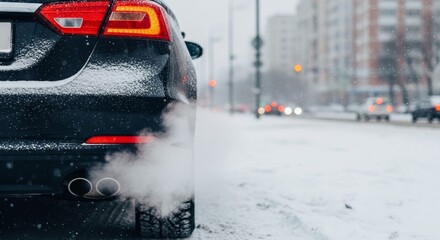 A close-up view captures the rear of a vehicle emitting fumes while moving or idling on an icy street.