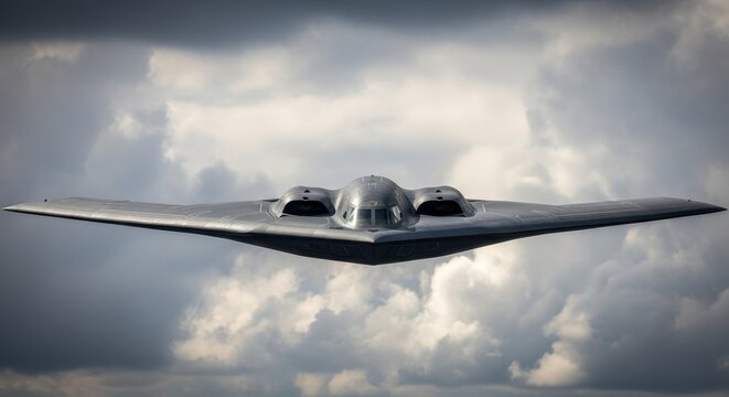 The powerful B-2 stealth bomber flies across a clear blue sky, showcasing its distinct flying wing design.
