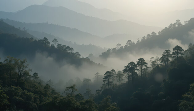 A misty mountain range covered with green trees