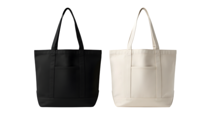 Black and white tote bags mockup isolated on transparent background
