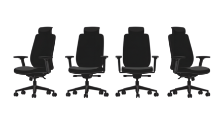 Four office chairs in a row isolated on transparent background