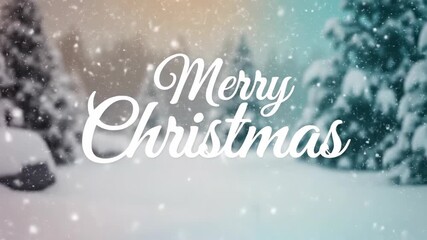 Animated merry Christmas lettering emerging in snowy fir tree landscape. Holiday greeting with falling snow and winter firs for festive seasonal cards. - Powered by Adobe
