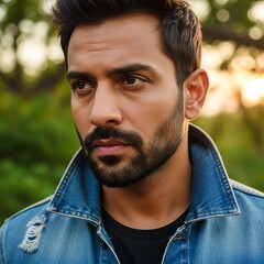 Fototapeta premium Portrait of a focused and handsome man with a beard in natural light.