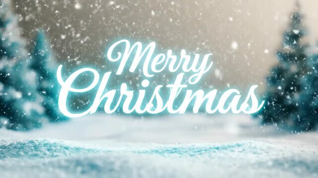 Animated Merry Christmas lettering appearing over snowy landscape with evergreen trees. Festive holiday text in cursive font glowing blue and white amid falling snow. Winter greeting animation for