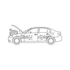 Simple line art icon of a sedan car with the hood open, displaying a schematic diagram of the engine, gears, and a circuit board pattern integrated across the body, symbolizing vehicle mechanics