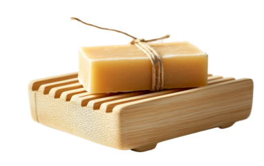 Wooden soap dish with drainage grooves and smooth finish perfect for bathroom organization and hygiene isolated on transparent background PNG
