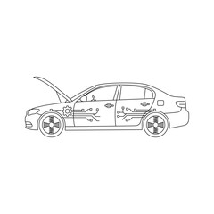 Minimalist line icon of a sedan car with the hood open, showcasing internal diagrams of a gear and suspension system, integrated with an overarching circuit board pattern